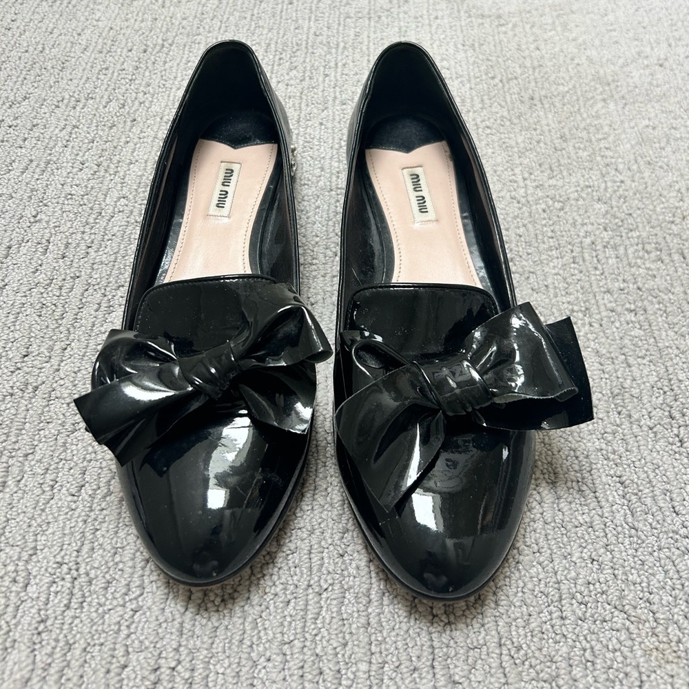 Patent Leather and Detail Crystal Embellished Miu Miu Loafers